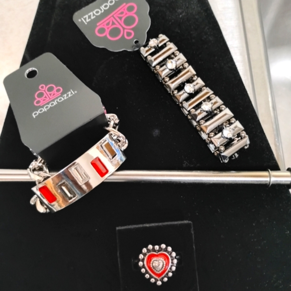 Paparazzi Silver and Red Bracelet Set